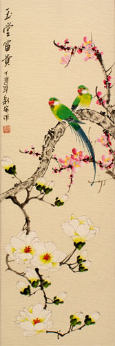 Birds and Flowers Wall Scroll close up view