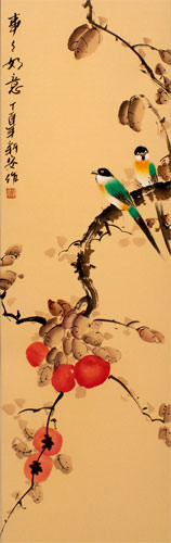 Everything As You Wish - Persimmon and Bird Wall Scroll close up view
