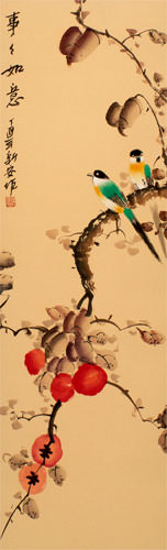 Everything As You Wish - Persimmon and Bird Wall Scroll close up view