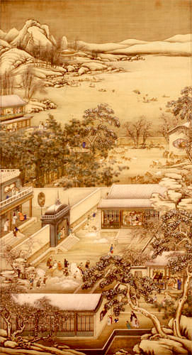 Chinese Ancient Village Landscape Print - Wall Scroll close up view
