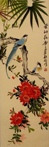 Wind Blows Fragrant Flowers - Bird and Flower Wall Scroll close up view