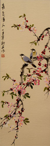 Spring Colors - Chinese Birds and Flowers Scroll close up view