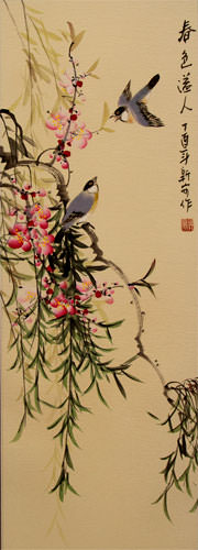 Spring Colors - Chinese Birds and Flowers Scroll close up view