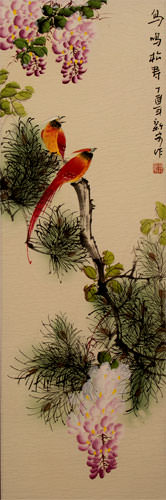 Song of Birds - Chinese Bird and Flower Scroll close up view