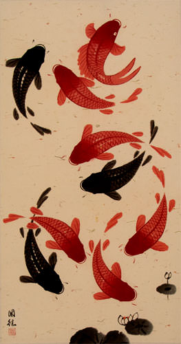 Antique-Style Classic Koi Fish - Huge Wall Scroll close up view
