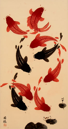Nine Koi Fish - Large Wall Scroll close up view