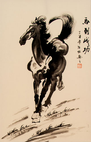 Traditional Black Ink Horse - Chinese Painting Scroll close up view