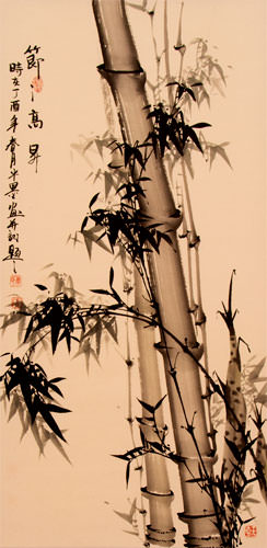 Step by Step Rising Bamboo - Chinese Painting Wall Scroll close up view