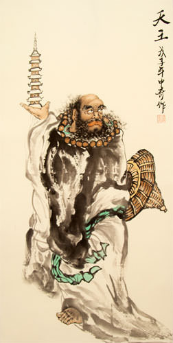 King of Heaven Li Jing of Chinese Mythology - Wall Scroll close up view