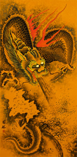 Flying Chinese Dragon - Very Large Chinese Scroll close up view