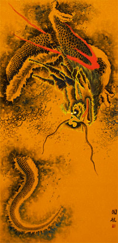 Flying Chinese Dragon - Very Large Chinese Scroll close up view