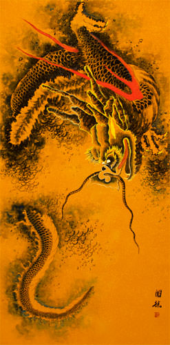 Flying Chinese Dragon - Very Large Chinese Scroll close up view