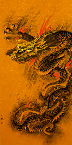 Coiled Flying Chinese Dragon - Extra-Large Wall Scroll close up view