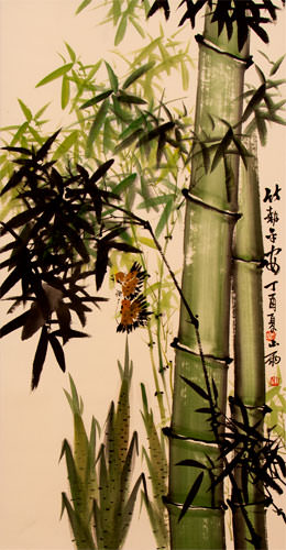 Green Bamboo and Birds - Chinese Painting Scroll close up view