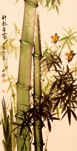 Birds and Green Bamboo - Chinese Painting Scroll close up view