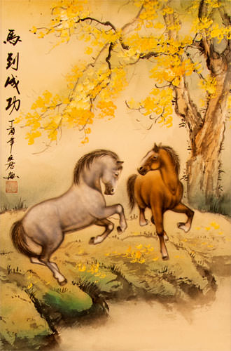 Horses at Riverside - Chinese Painting Scroll close up view