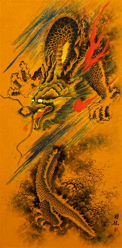 Huge Dragon Chinese Scroll close up view