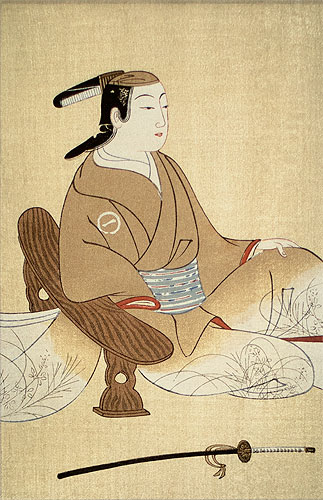 Casual Man and Sword - Japanese Woodblock Print Repro - Wall Scroll close up view