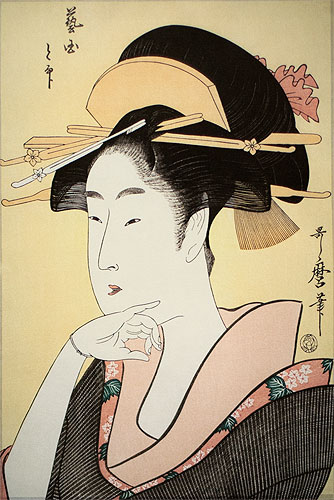 Portrait of a Courtesan - Japanese Woman Woodblock Print Repro - Wall Scroll close up view
