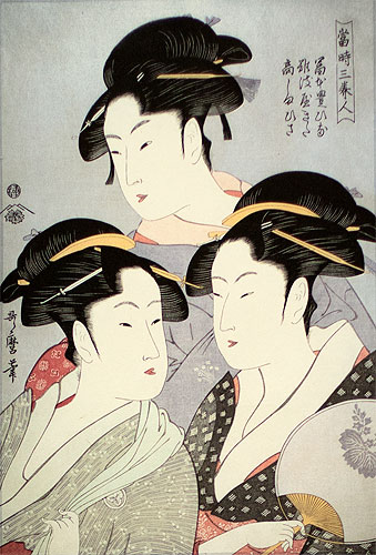 Three Beauties of the Present Day - Japanese Woman Woodblock Print Repro - Wall Scroll close up view