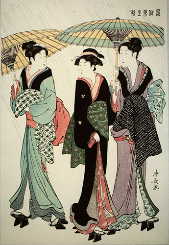 Beauties in the Rain - Japanese Woman Woodblock Print Repro - Wall Scroll close up view
