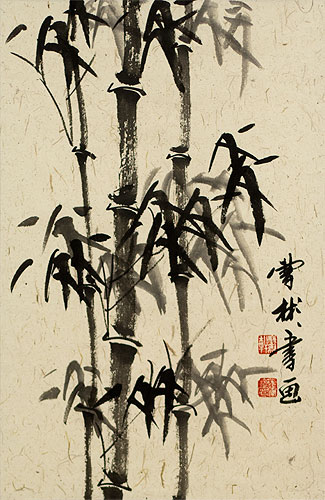 Large Black Ink Chinese Bamboo Wall Scroll close up view