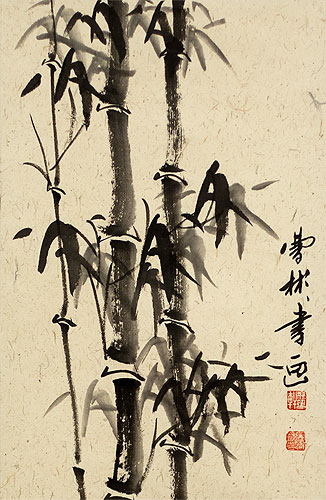 Large Black Ink Chinese Bamboo Scroll close up view
