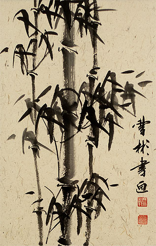 Large Black Ink Chinese Bamboo Scroll close up view