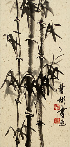 Handmade Black Ink Asian Bamboo Wall Scroll close up view