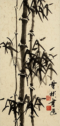 Black Ink Asian Bamboo Wall Scroll close up view