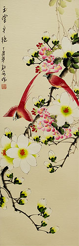 Gorgeous Color of Magnolia - Chinese Birds and Flowers Scroll close up view