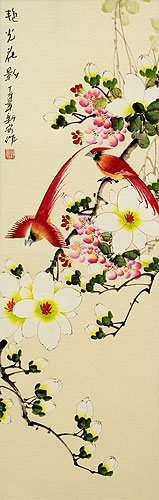 Gorgeous Colors Shadow - Chinese Birds and Flowers Scroll close up view