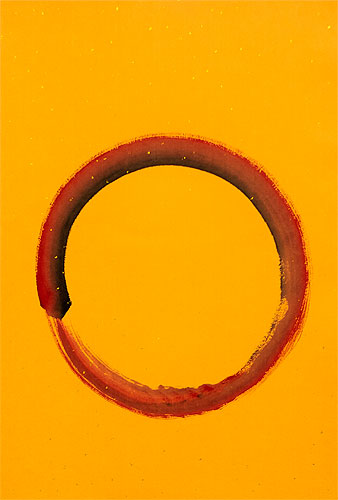 Enso - Buddhist Circle Calligraphy on Orange - Wall Scroll close up view