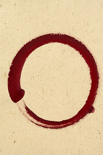 Enso - Buddhist Circle - Red on Dragon Cloud Paper - Wall Scroll close up view