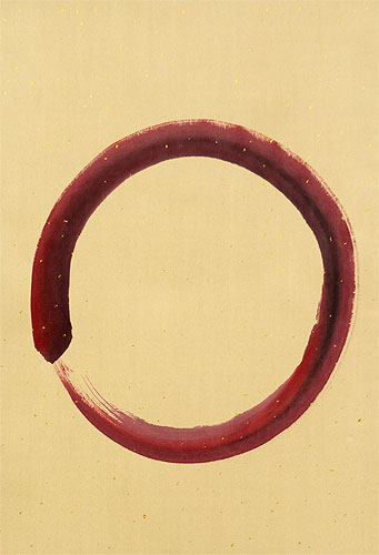 Enso - Buddhist Circle - Red on Tan Paper - Wall Scroll close up view