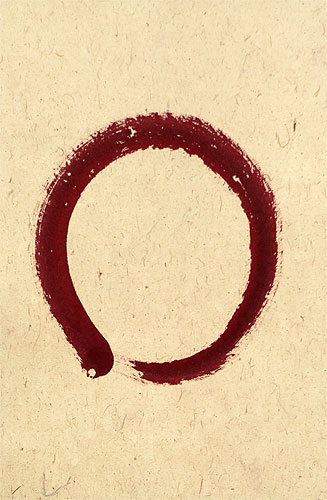 Enso - Buddhist Circle - Red on Dragon Cloud Paper - Wall Scroll close up view