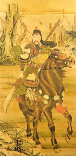 Guan Gong Warrior Saint on Horseback - Large Wall Scroll close up view
