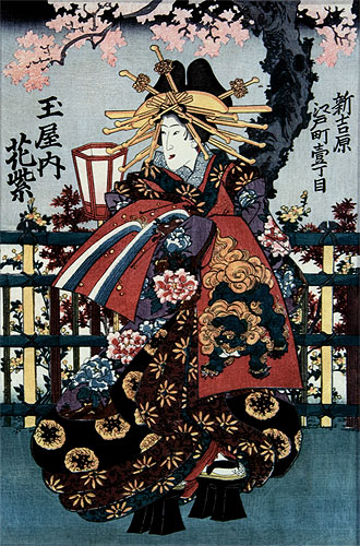 Geisha or Geigi - Japanese Woman Woodblock Print Repro - Wall Scroll close up view