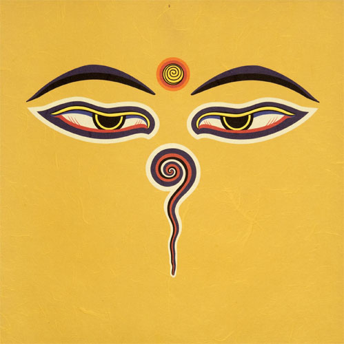 Eyes of Buddha Orange Print - Handmade Wall Scroll close up view