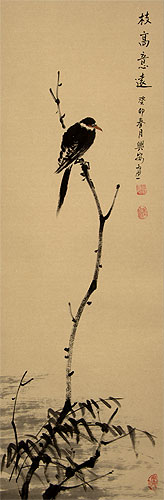 Shrike Perched in a Dead Tree - Deluxe Hand-Painted Wall Scroll close up view