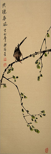 Listen to the Spring Breeze - Bird on Branch Wall Scroll close up view
