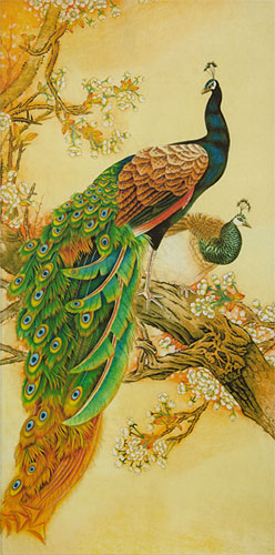 Antique-Style Peacock and Peahen Print Wall Scroll close up view