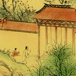 Red-Roofed Temple in the Forest - Ancient Chinese Landscape Print Scroll detail view