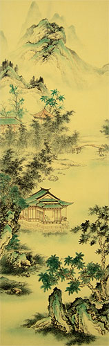 Blue-Roofed Pavilion - Ancient Chinese Landscape Print Scroll close up view
