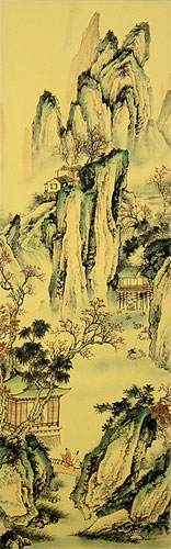 Men on the Bridge - Ancient Chinese Landscape Print Scroll close up view