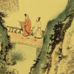 Men on the Bridge - Ancient Chinese Landscape Print Scroll detail view
