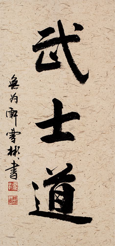 Bushido - Code of the Warrior - Japanese Warrior Kanji Wall Scroll close up view