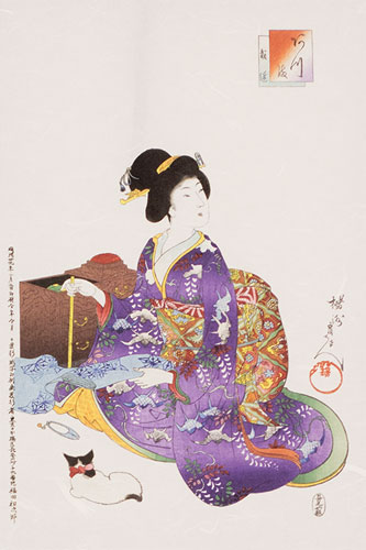 Woman Sewing - Japanese Woodblock Print Repro - Wall Scroll close up view