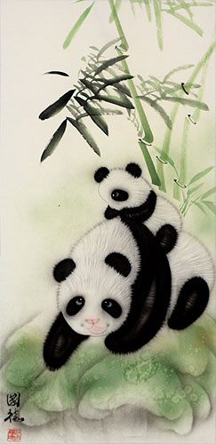Chinese Panda Bears Wall Scroll close up view