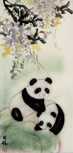 Panda Bears Wall Scroll close up view
